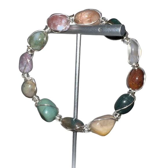 Multicolored Woven Stone Bracelet with Silver Elements Slip On Fashion Jewelry - Picture 2 of 7